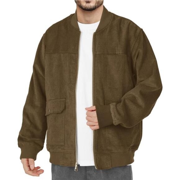 Men's Corduroy Bomber Jacket Lightweight Varsity Windbreaker Jackets - Picture 3 of 8